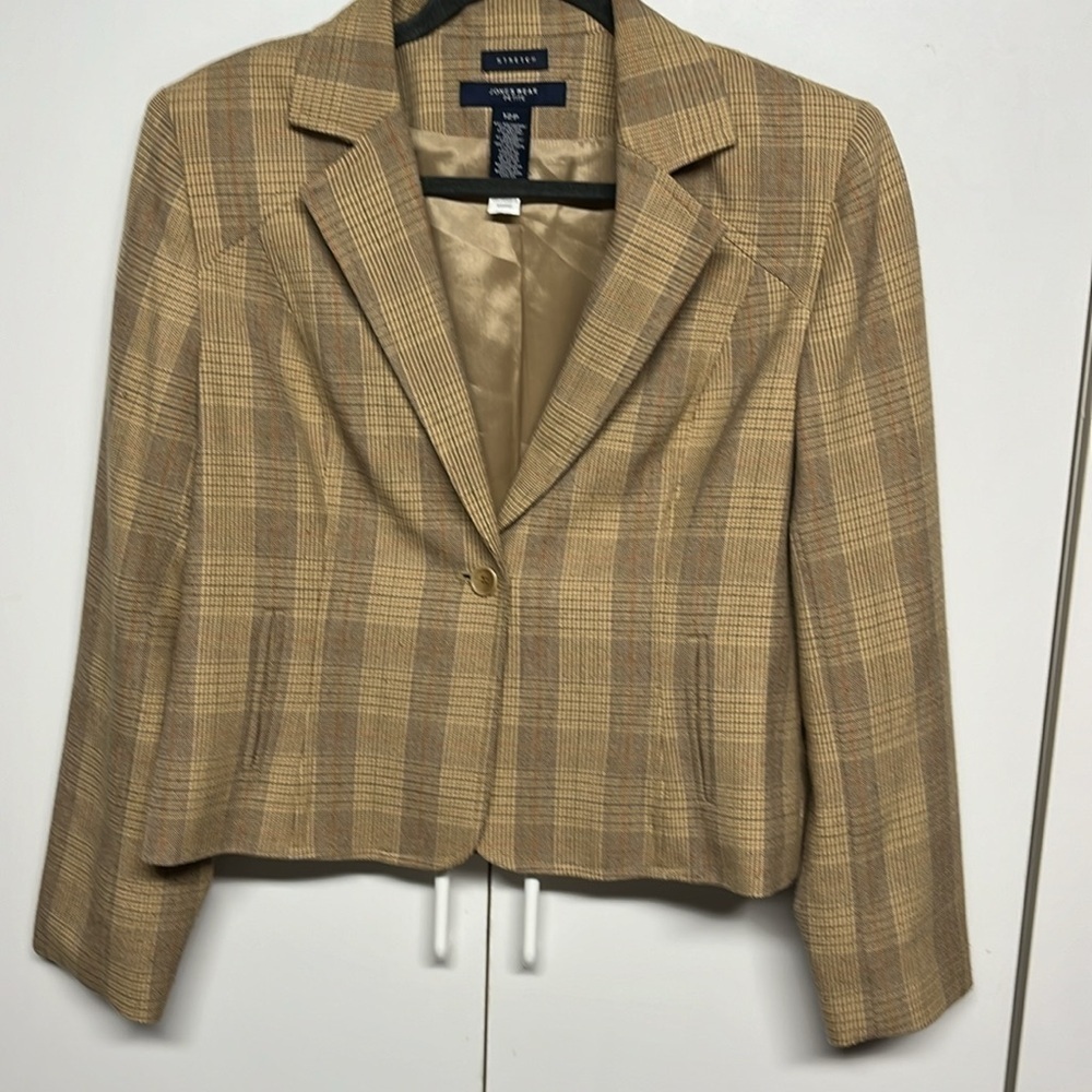 Jones Wear Petite 12P Plaid Stretch Blazer Tan Brown Career Jacket Lined - Picture 3 of 11
